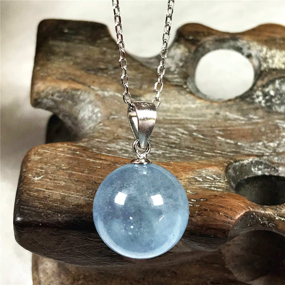 925 Sterling Silver Chain Necklace Men - 13mm 천연 블루 아쿠아 마린 펜던트